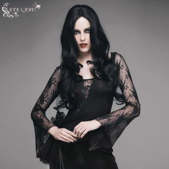 Ženska majica z dolgimi rokavi DEVIL FASHION - Gothic Top With Mesh Neckline and Sleeves, DEVIL FASHION